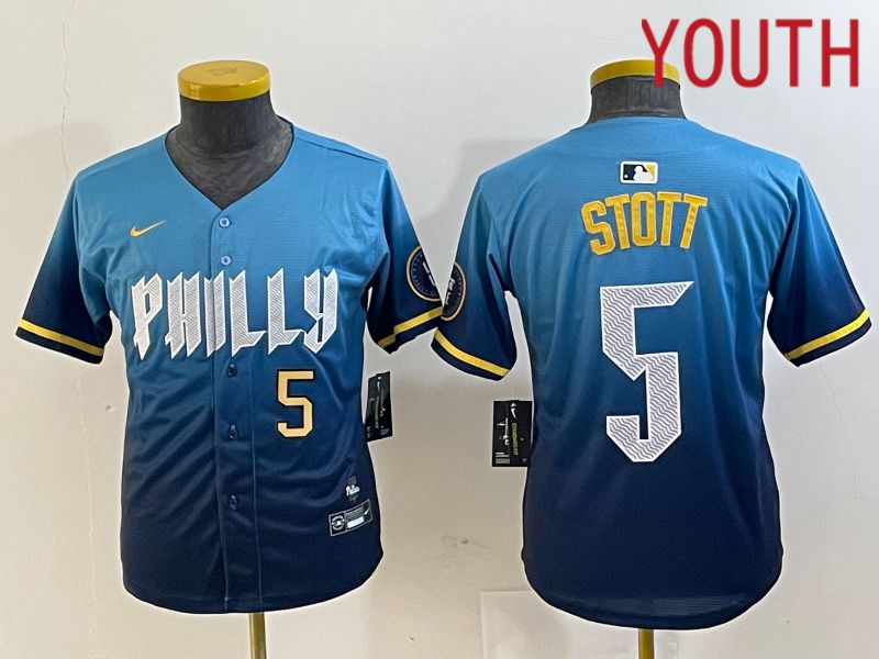 Youth Philadelphia Phillies #5 Stott Blue City Edition Nike 2024 MLB Jersey style 2->youth mlb jersey->Youth Jersey